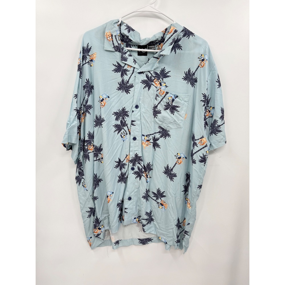 Bluey 2XL Button Down Shirt Mens Light Blue Tropical Palm Tree Rayon Camp Top